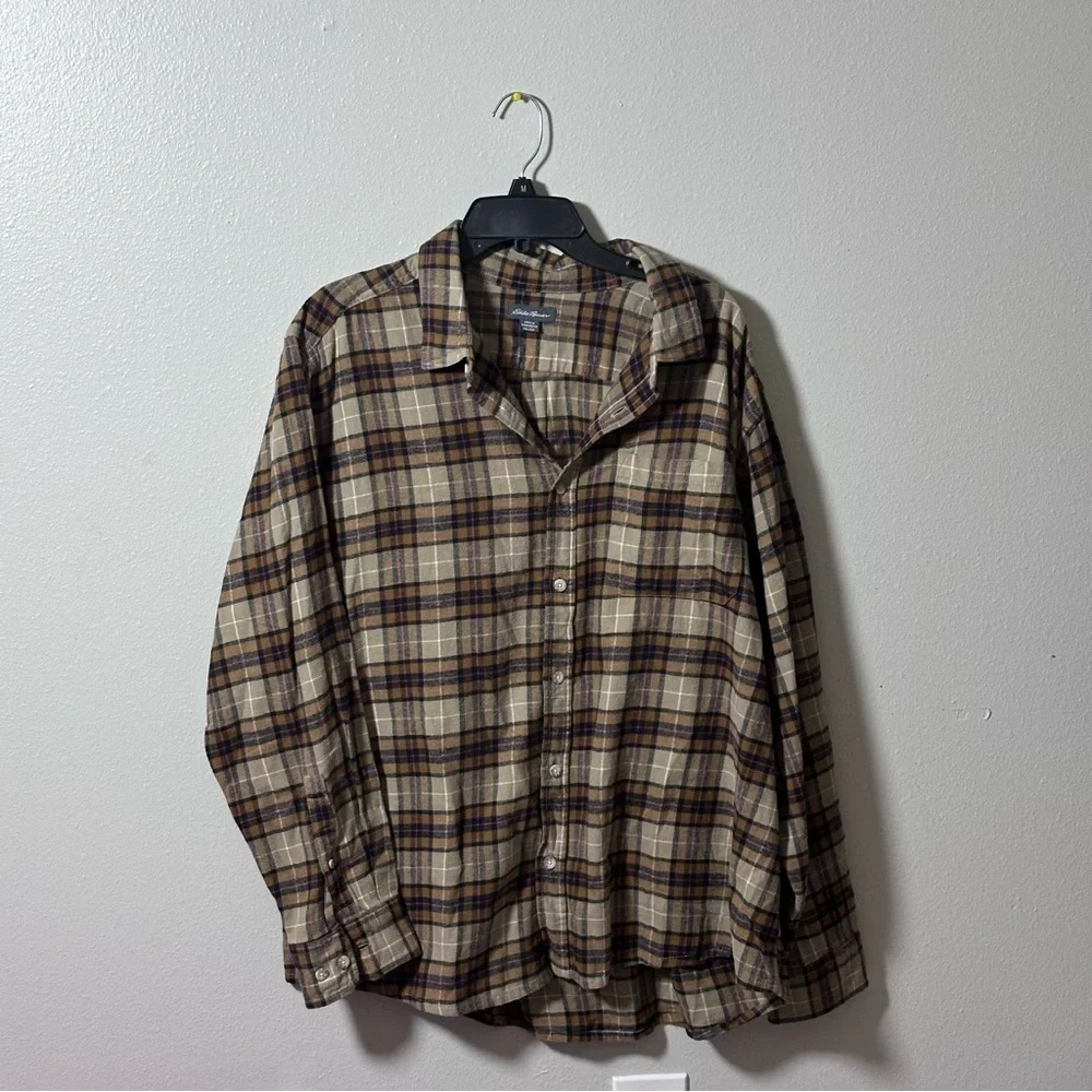 Eddie Bauer Men Brown Tan Plaid Button Down Flannel‎ Shirt Long Sleeve size XXL.